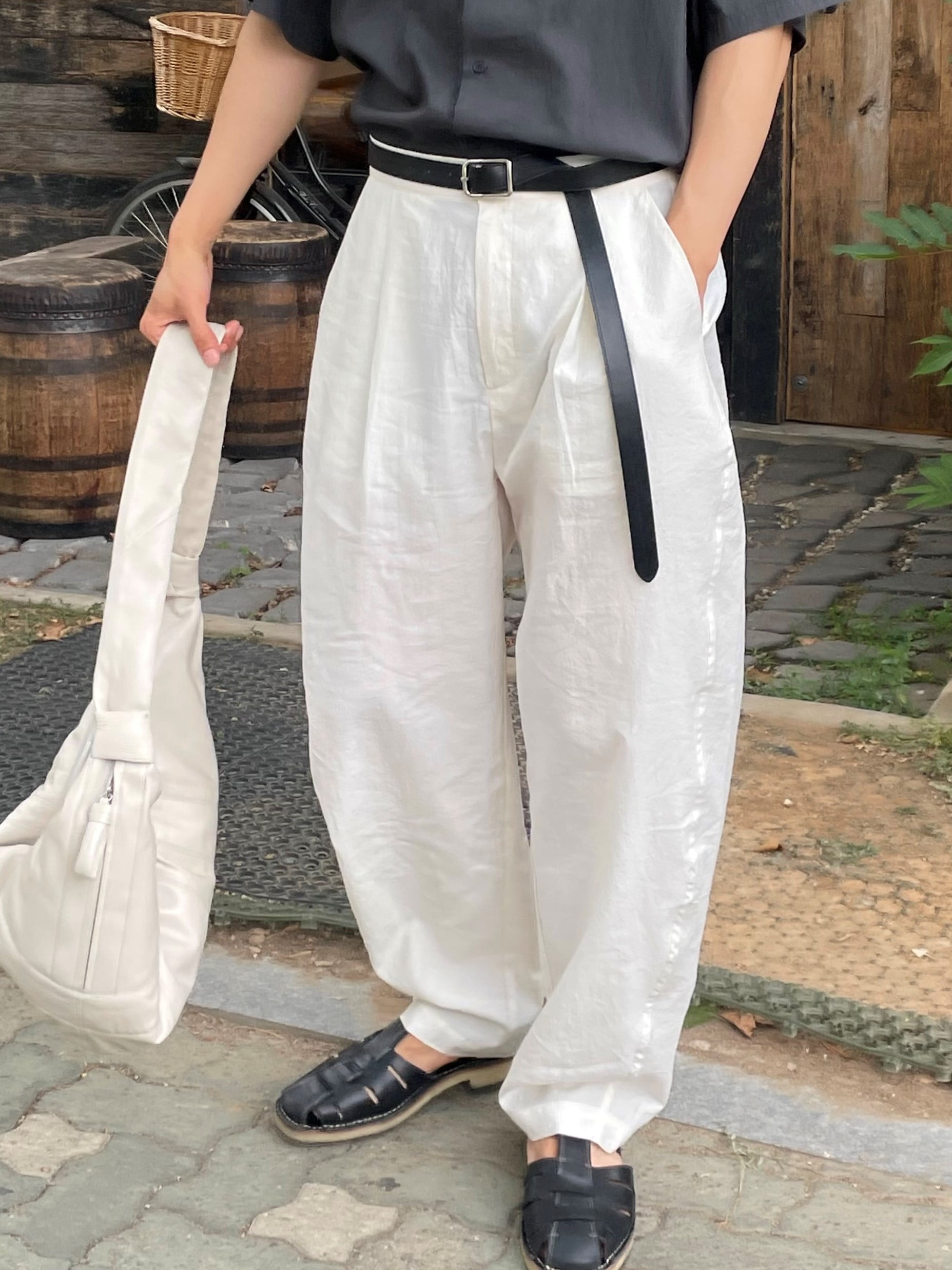 Curved linen wide pants